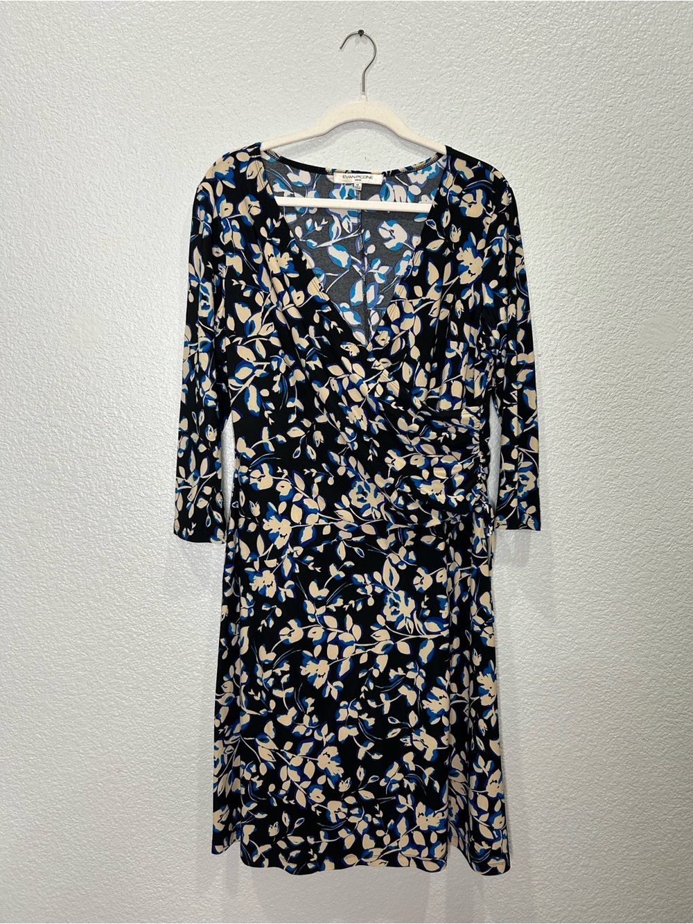 Evan Picone Black Dress with Beige & Blue Floral Print